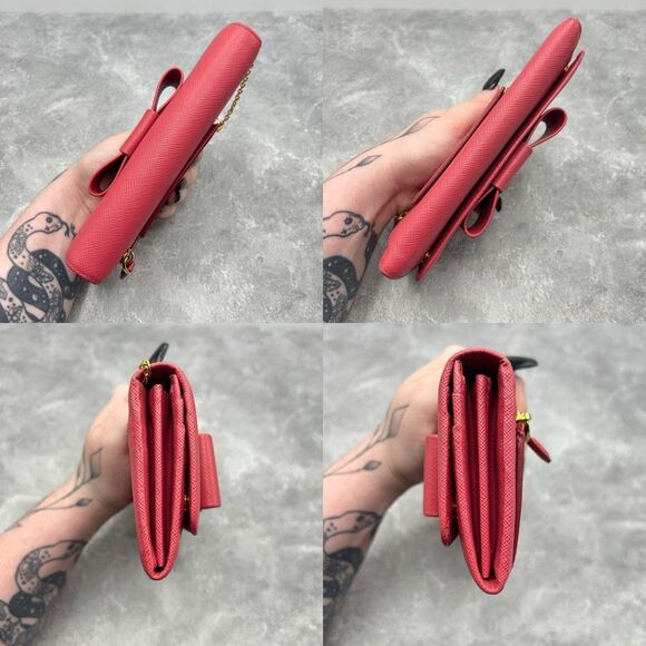 Prada Saffiano Leather Bow Continental Wallet Pink With ID Holder Bifold - Picture 6 of 16